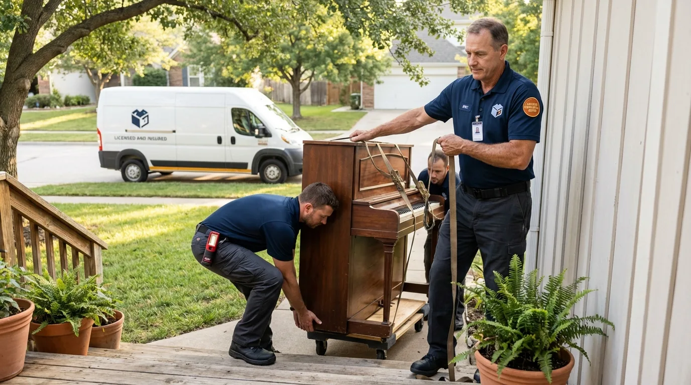 Licensed piano movers securing grand piano in Valhalla, NY