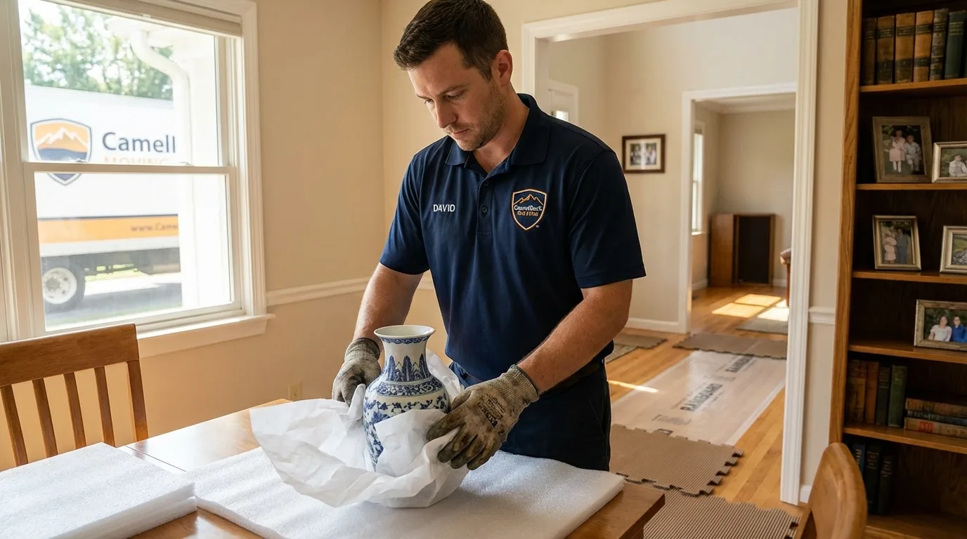 Professional crew carefully wrapping antique vase for senior downsizing move in Valhalla, NY